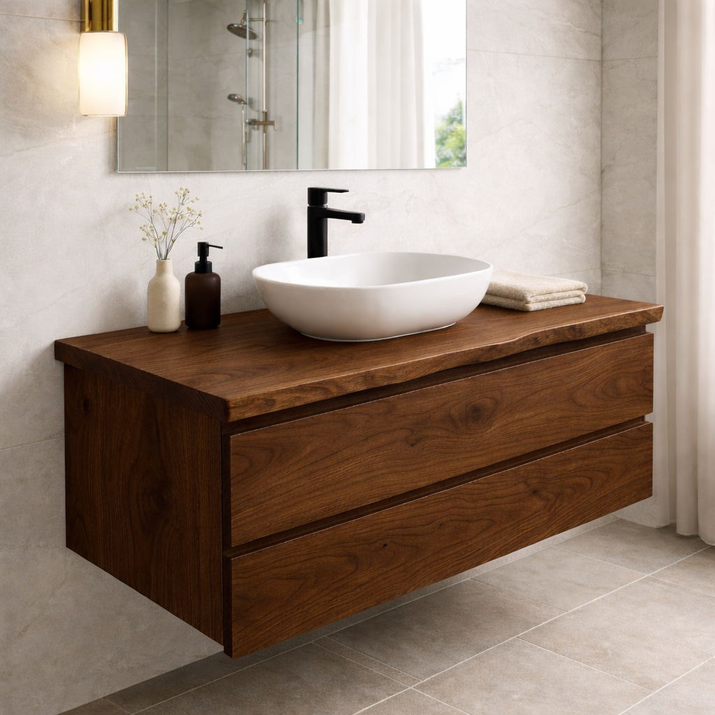 Floating Solid Wood Bathroom Vanity – Wall Mounted Modern Cabinet