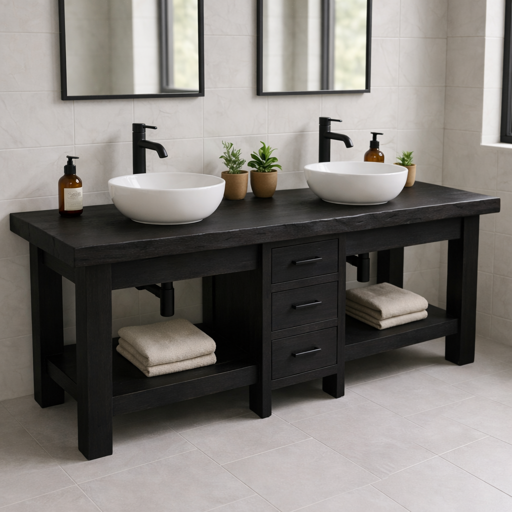 Solid Wood Double Bathroom Vanity with 3 Drawers & Open Shelves