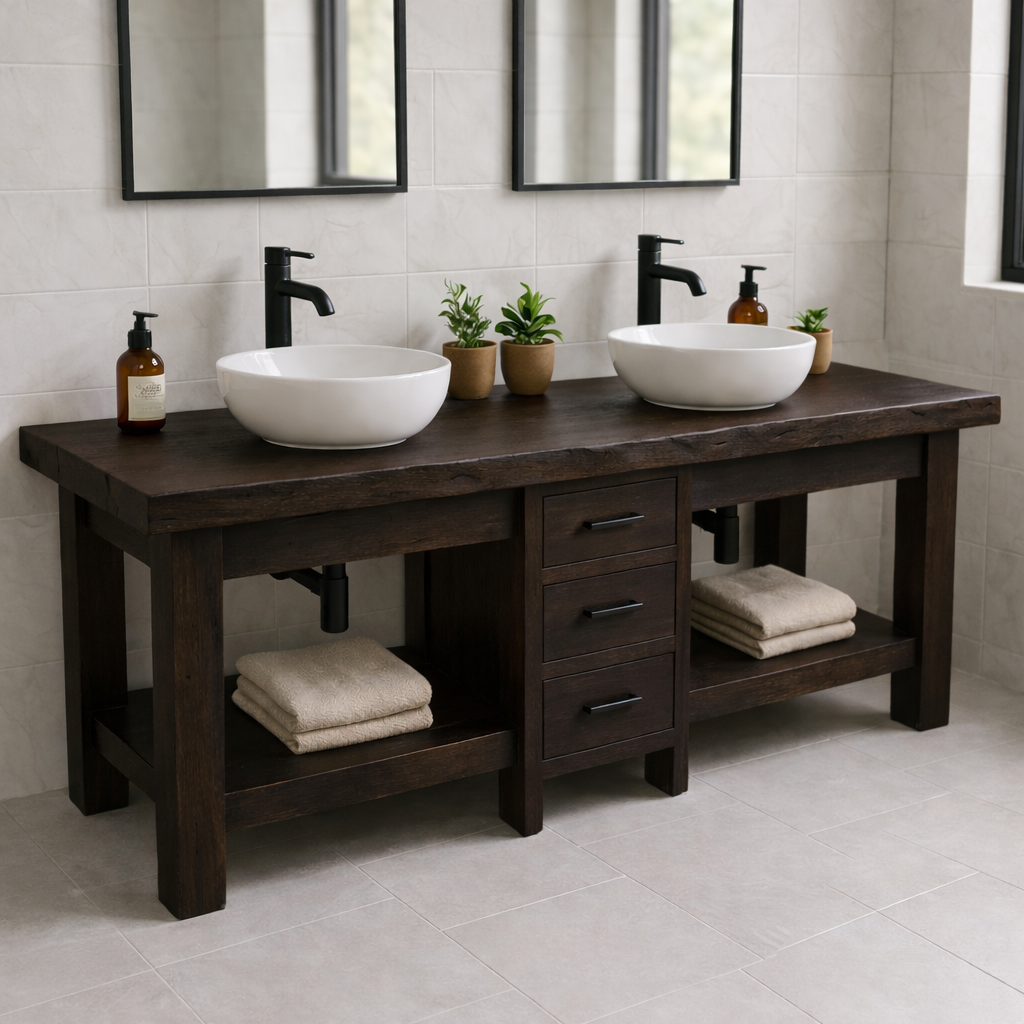 Solid Wood Double Bathroom Vanity with 3 Drawers & Open Shelves