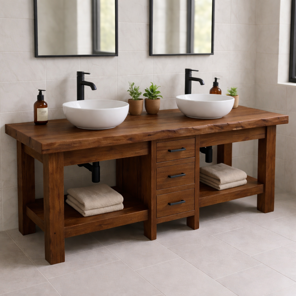 Solid Wood Double Bathroom Vanity with 3 Drawers & Open Shelves