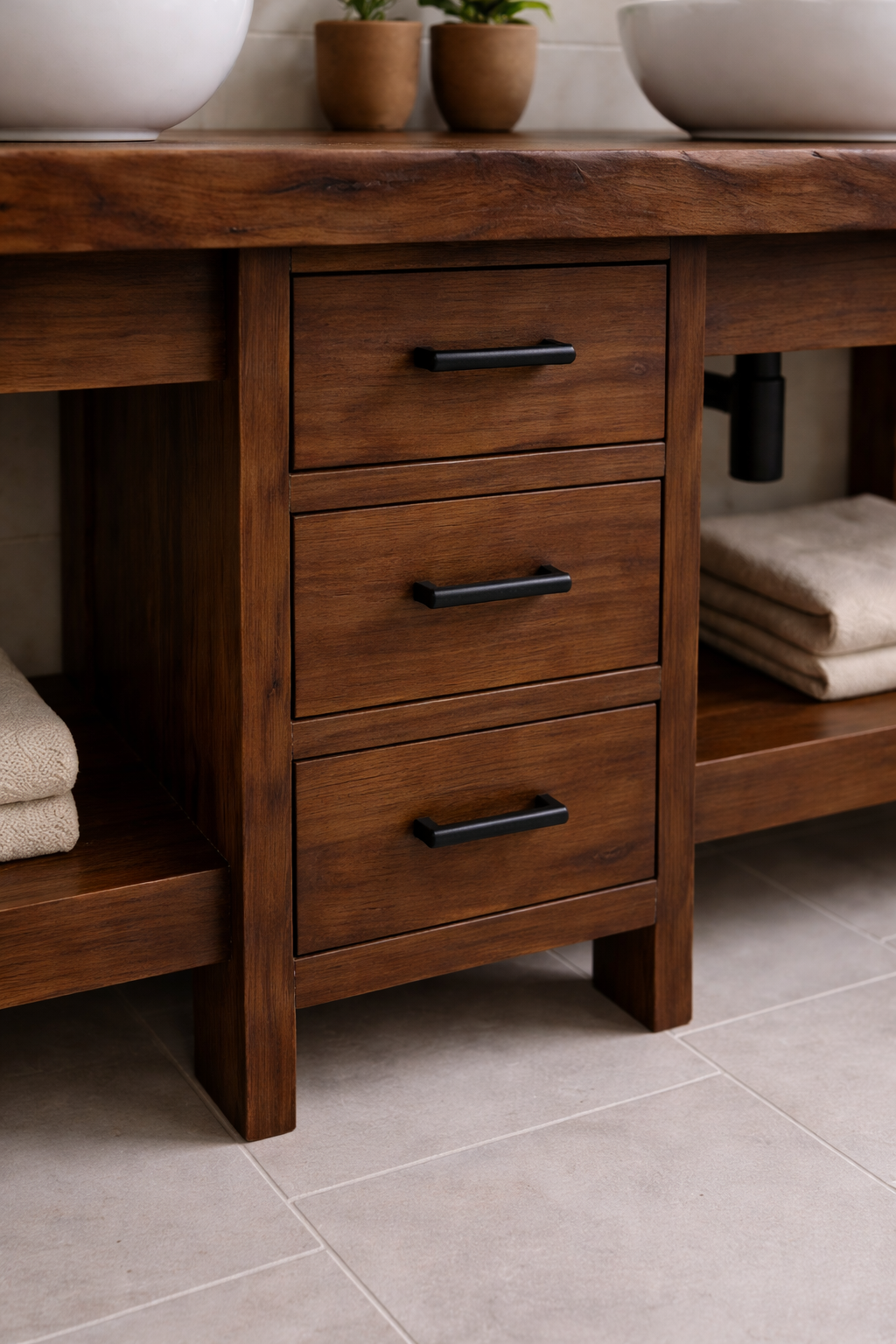 Solid Wood Double Bathroom Vanity with 3 Drawers & Open Shelves