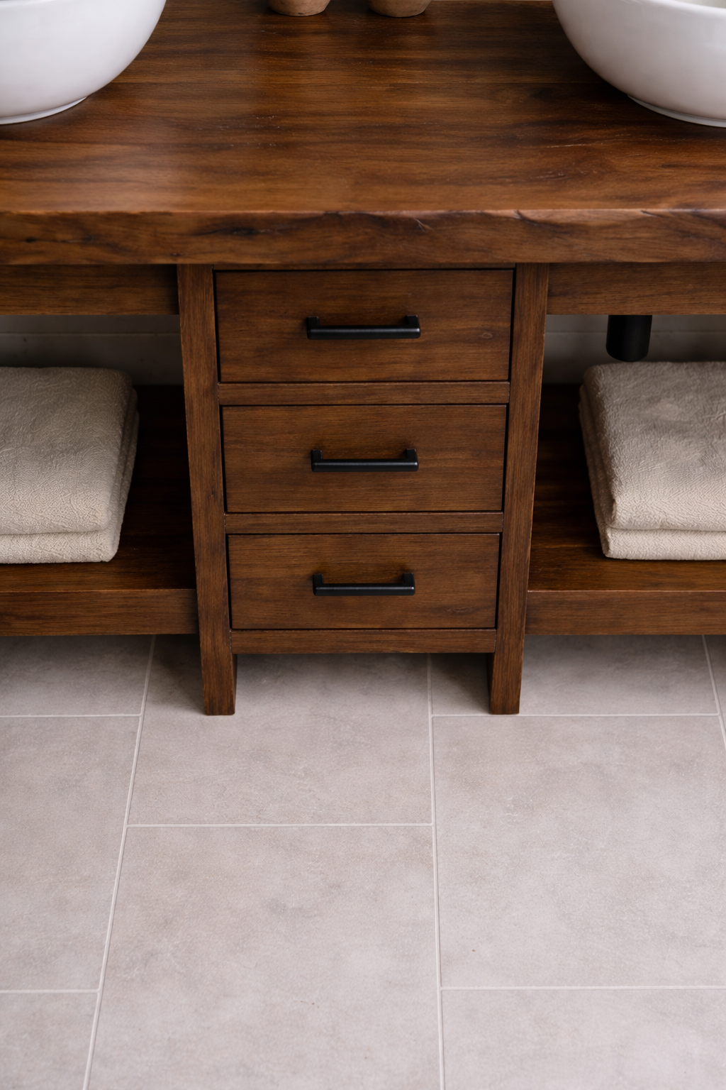 Solid Wood Double Bathroom Vanity with 3 Drawers & Open Shelves