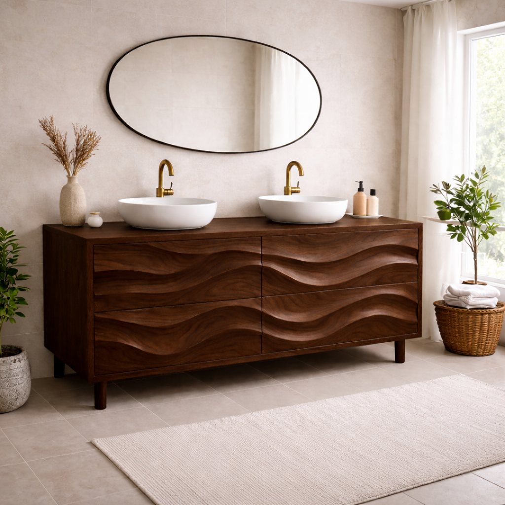 Solid Wood Double Bathroom Vanity with Wave Drawer Design