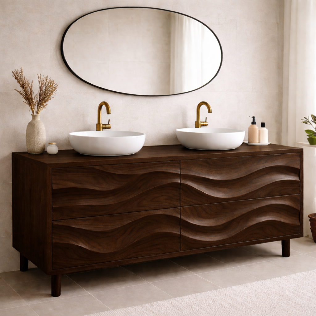 Solid Wood Double Bathroom Vanity with Wave Drawer Design