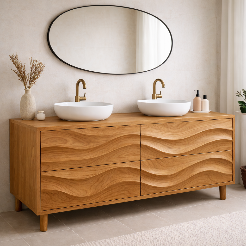 Solid Wood Double Bathroom Vanity with Wave Drawer Design