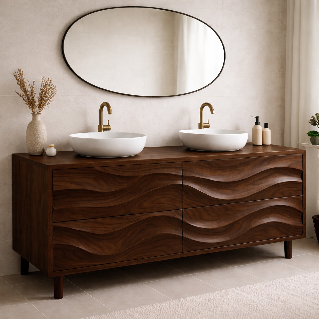 Solid Wood Double Bathroom Vanity with Wave Drawer Design