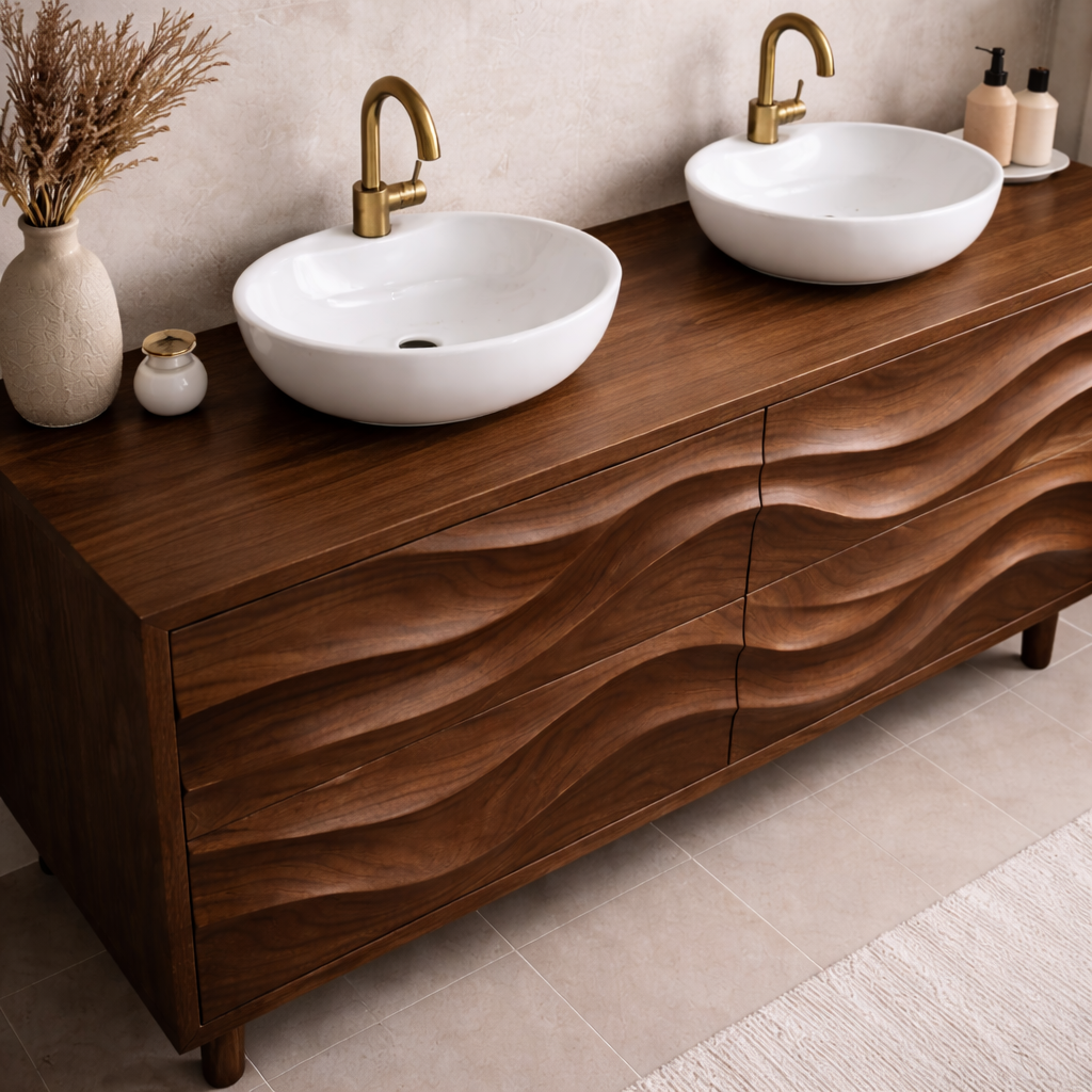 Solid Wood Double Bathroom Vanity with Wave Drawer Design