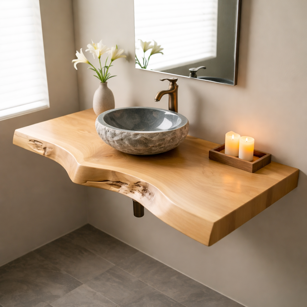 Floating Live Edge Solid Wood Bathroom Vanity Shelf