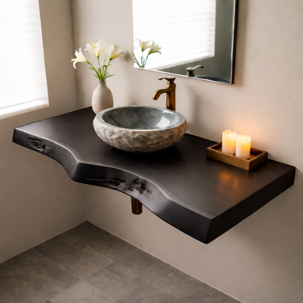 Floating Live Edge Solid Wood Bathroom Vanity Shelf
