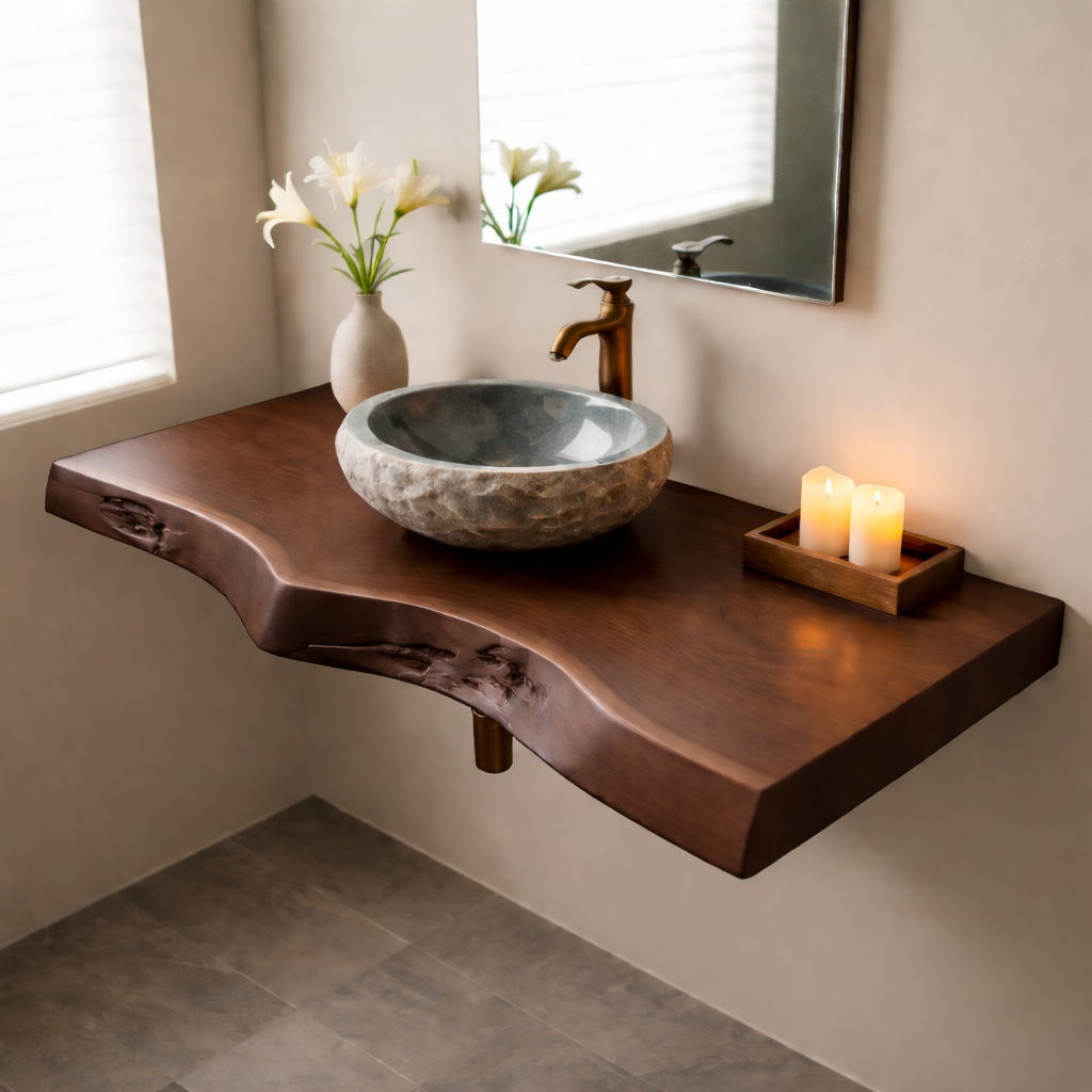 Floating Live Edge Solid Wood Bathroom Vanity Shelf