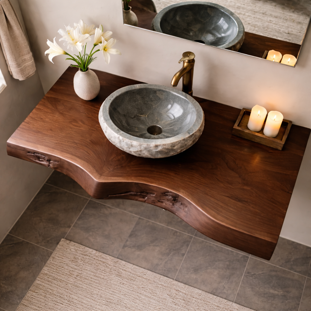 Floating Live Edge Solid Wood Bathroom Vanity Shelf