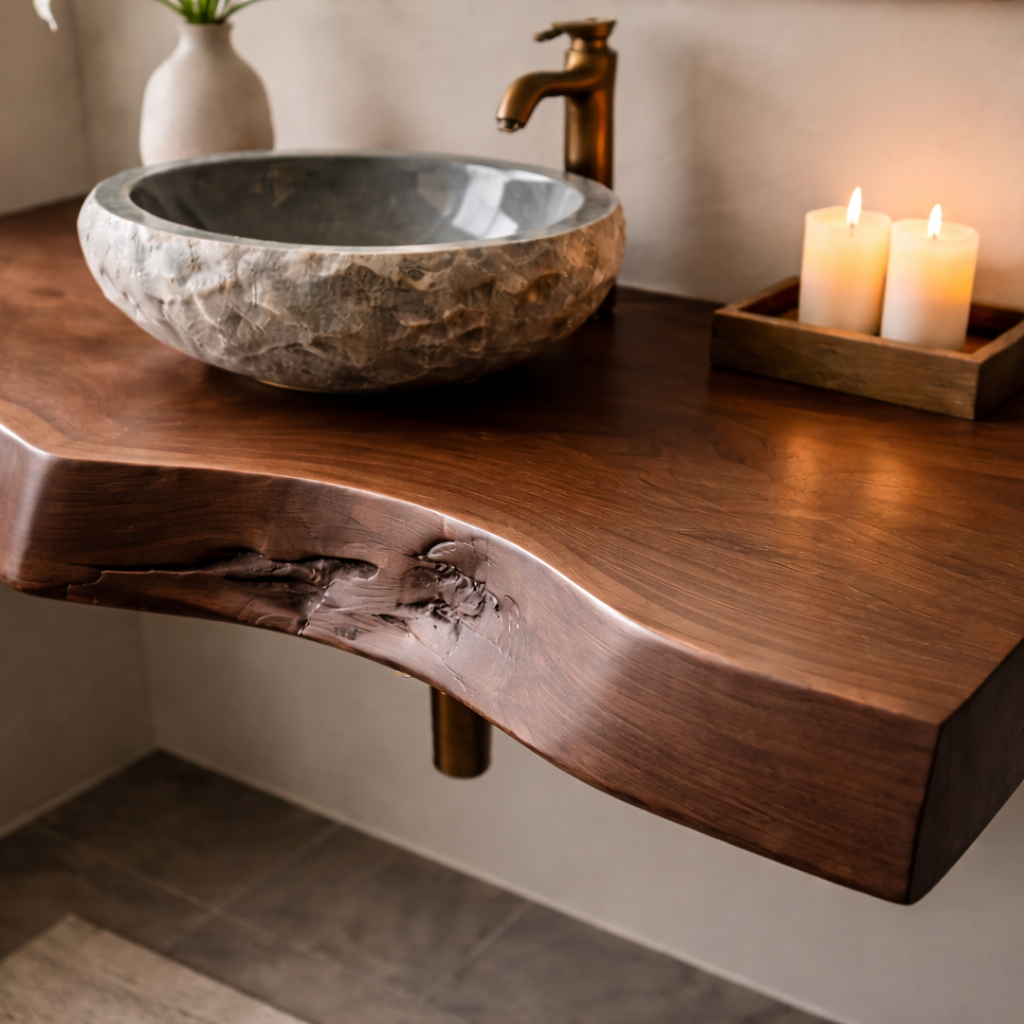 Floating Live Edge Solid Wood Bathroom Vanity Shelf