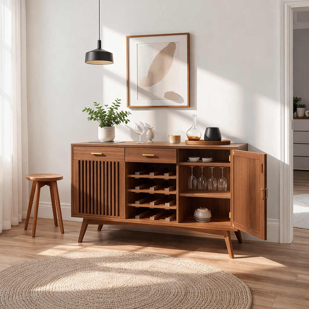 Mid Century Solid Wood Wine Cabinet with Fluted Door and Bottle Storage