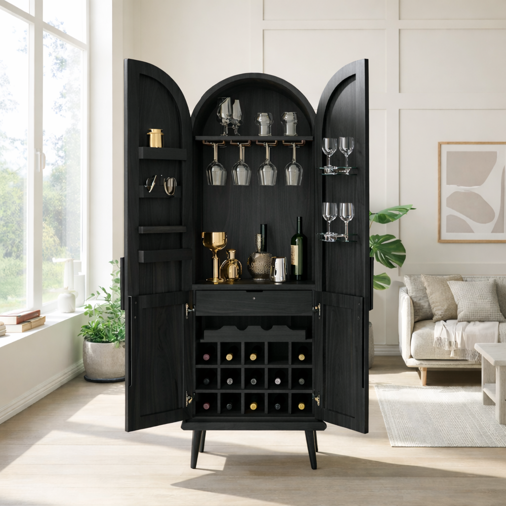 Handcrafted Solid Wood Arched Wine Cabinet Mid Century Bar Storage with Glass Rack