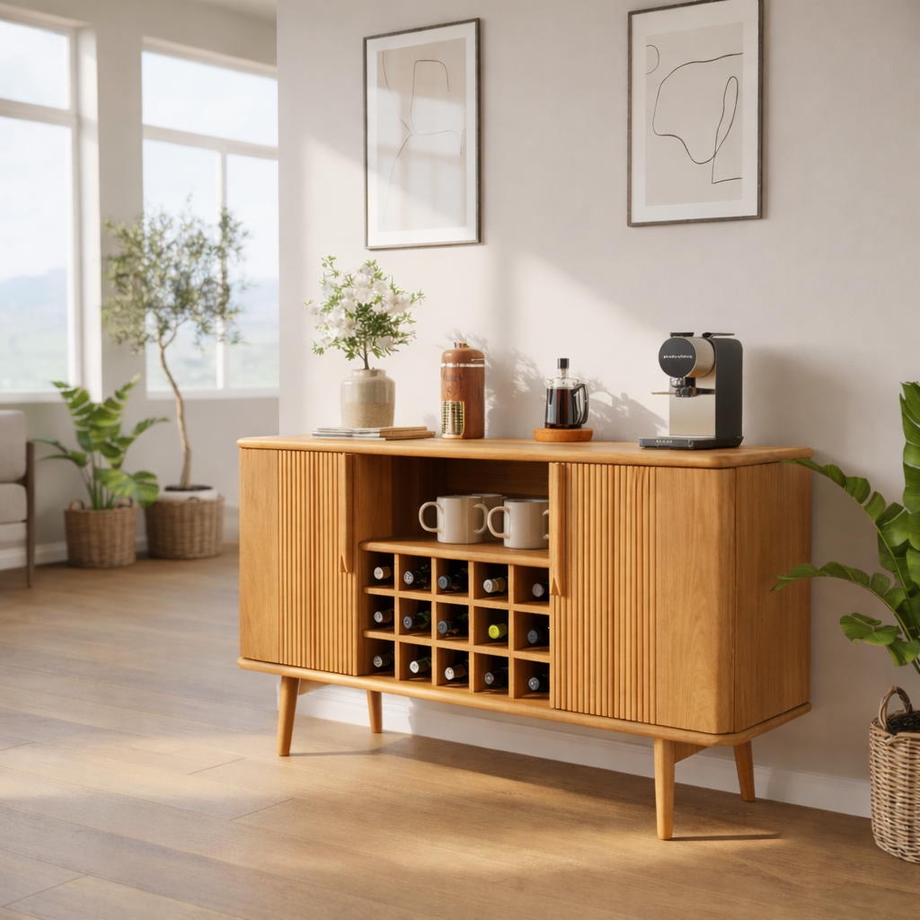 Solid Wood Wine Storage Cabinet with Slatted Doors and Multi-Bottle Rack for Modern Homes