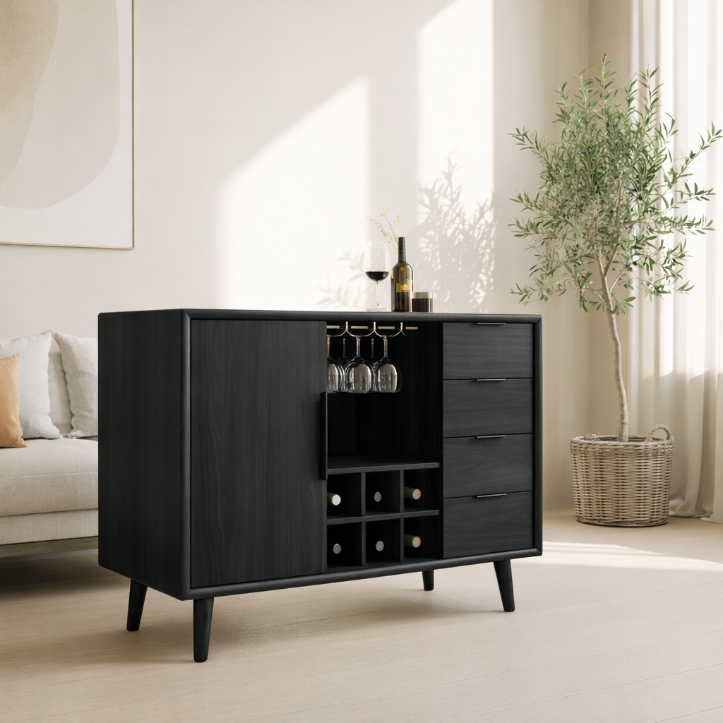 Solid Wood Wine Storage Cabinet with Bottle Rack, Glass Holders and Drawers for Modern Homes
