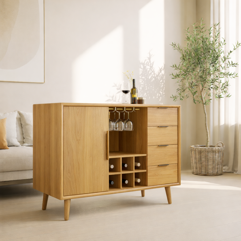 Solid Wood Wine Storage Cabinet with Bottle Rack, Glass Holders and Drawers for Modern Homes