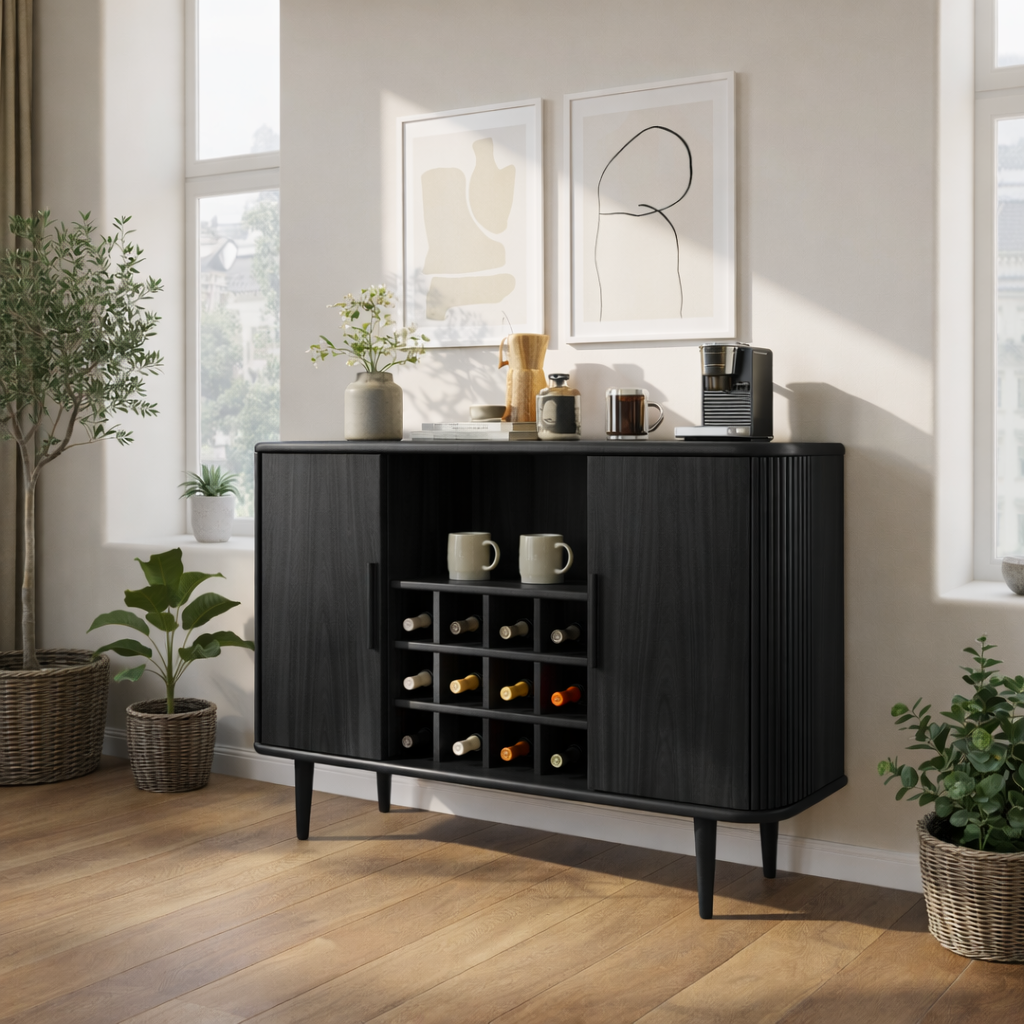 Solid Wood Wine Storage Cabinet with Built-In Bottle Rack and Sliding Doors for Modern Homes