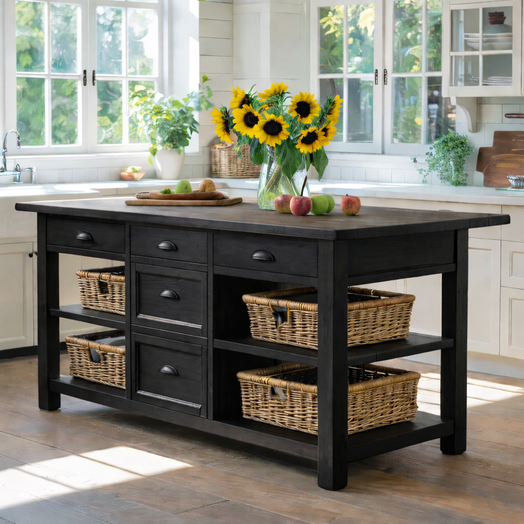Solid Wood Kitchen Island with Drawers & Basket Storage – Farmhouse Prep Table