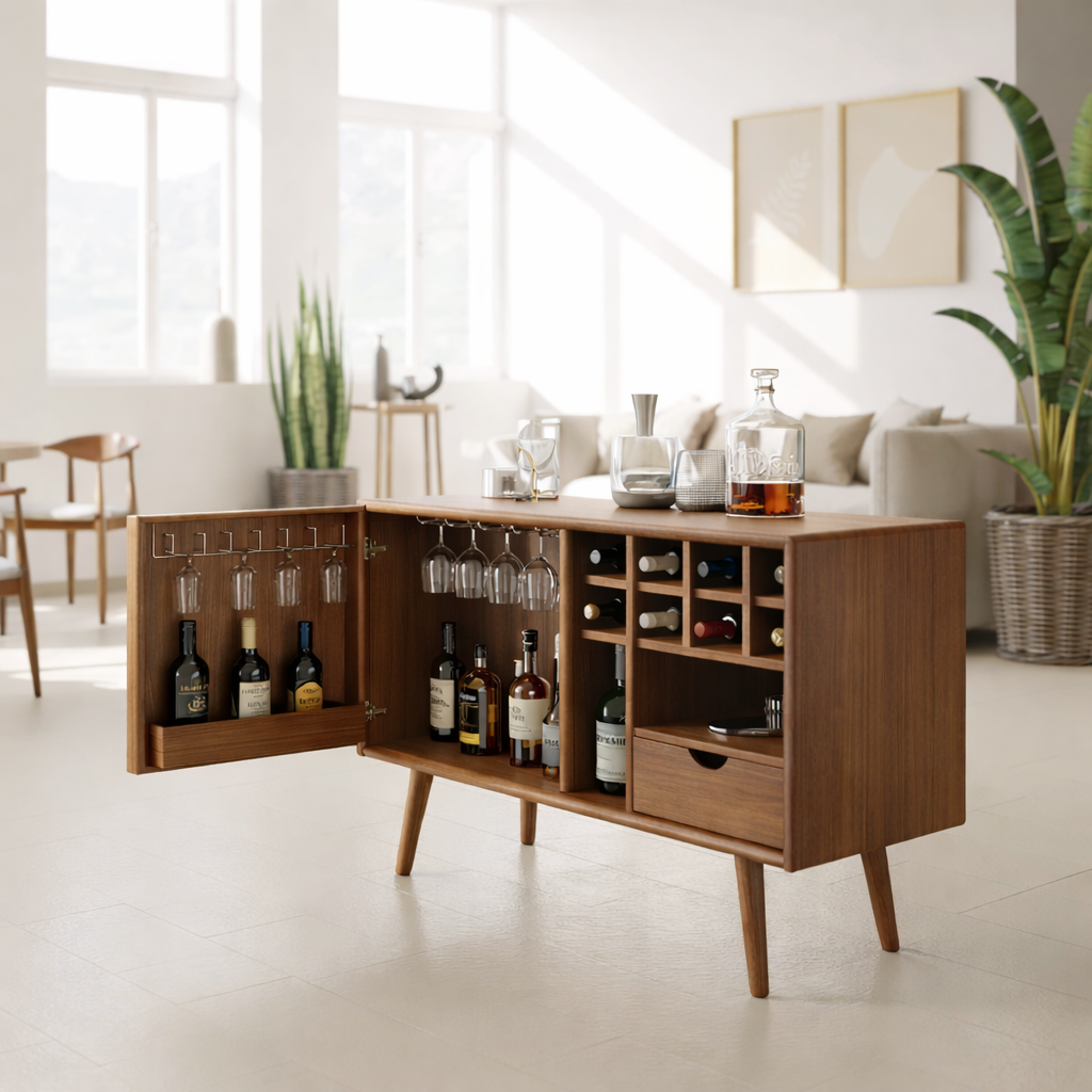 Solid Wood Wine Storage Cabinet with Glass Holders, Bottle Racks and Modern Mid-Century Design