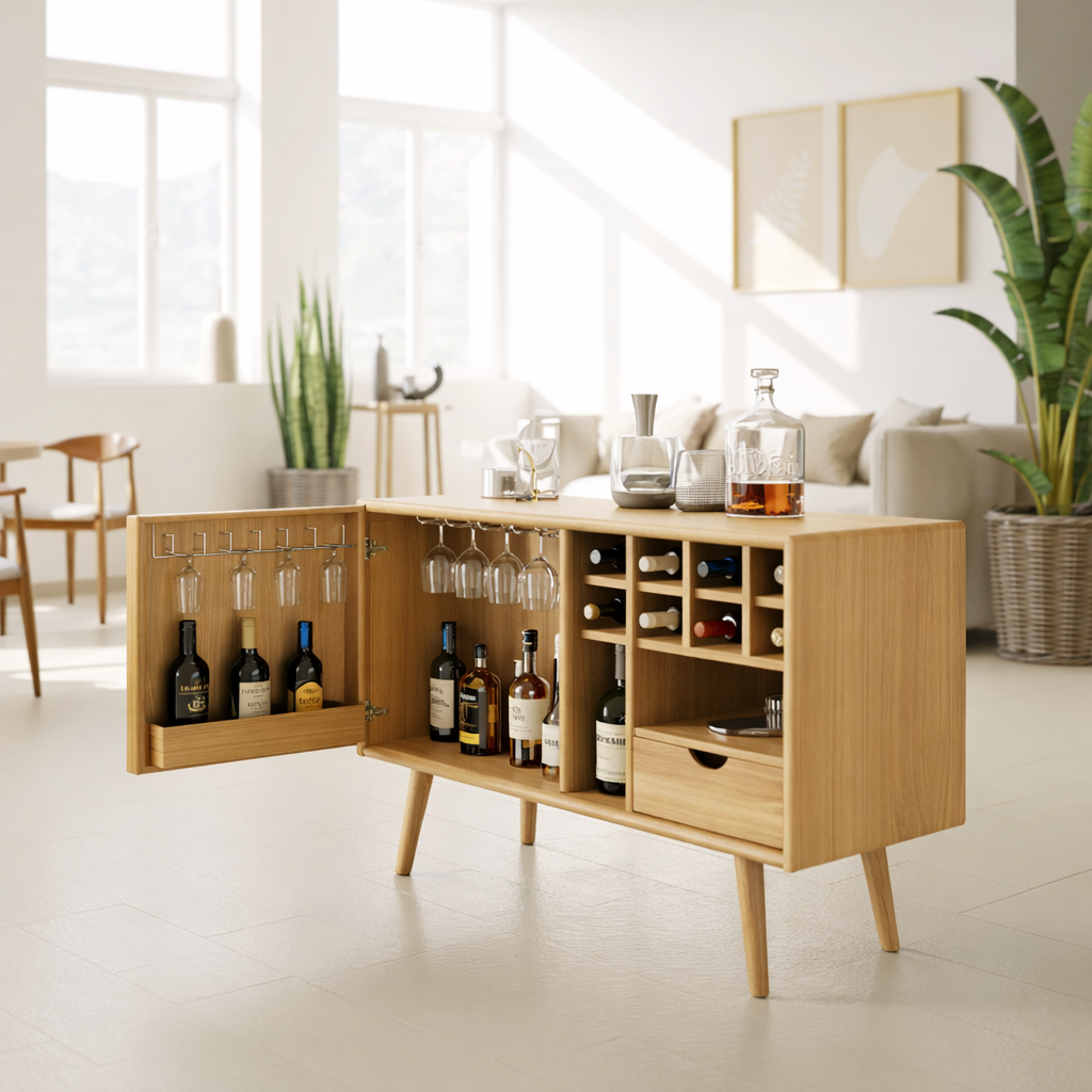 Solid Wood Wine Storage Cabinet with Glass Holders, Bottle Racks and Modern Mid-Century Design