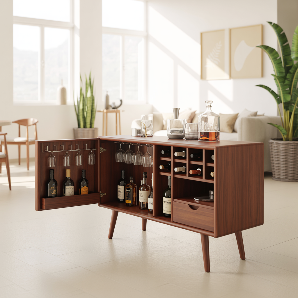 Solid Wood Wine Storage Cabinet with Glass Holders, Bottle Racks and Modern Mid-Century Design