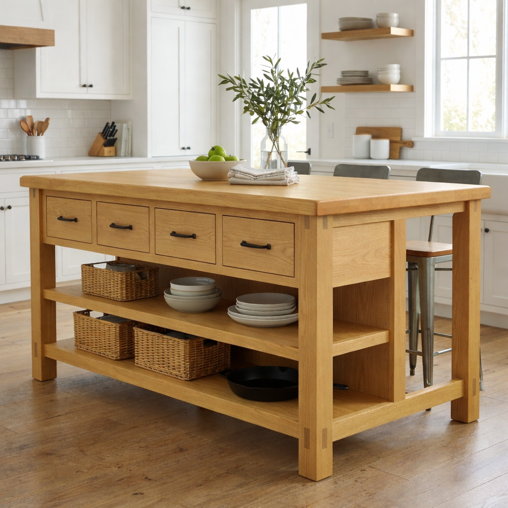 Solid Wood Kitchen Island with Drawers and Open Shelves – Farmhouse Butcher Block Prep Table