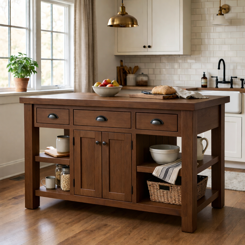 Farmhouse Solid Wood Kitchen Island with Drawers, Cabinet and Shelves – Prep Table