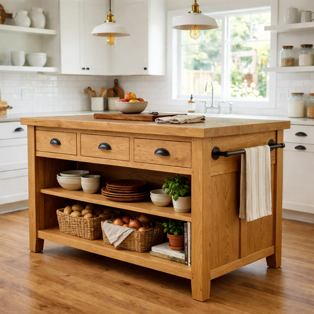 Farmhouse Solid Wood Kitchen Island with Drawers, Open Shelves and Towel Bar