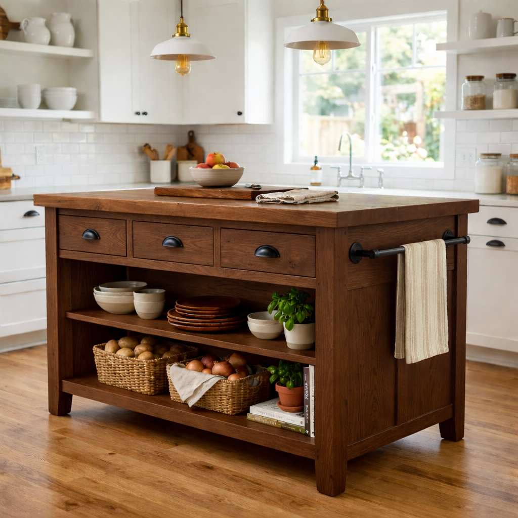 Farmhouse Solid Wood Kitchen Island with Drawers, Open Shelves and Towel Bar