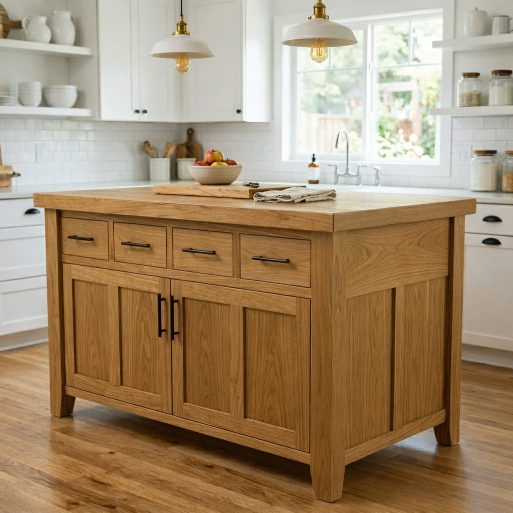Solid Wood Kitchen Island with 4 Drawers and Cabinet – Farmhouse Storage Prep Table