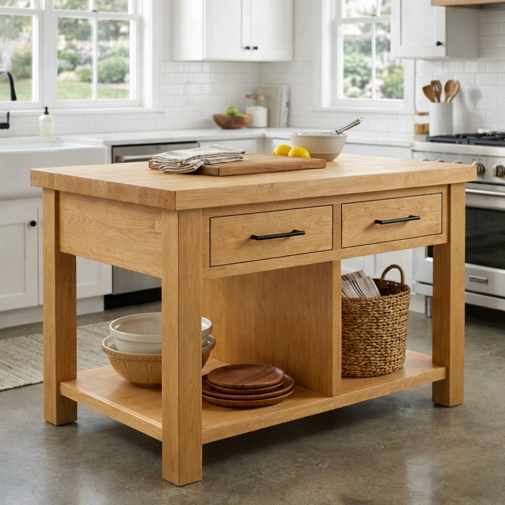Solid Wood Kitchen Island with 2 Drawers and Open Shelf – Farmhouse Prep Table