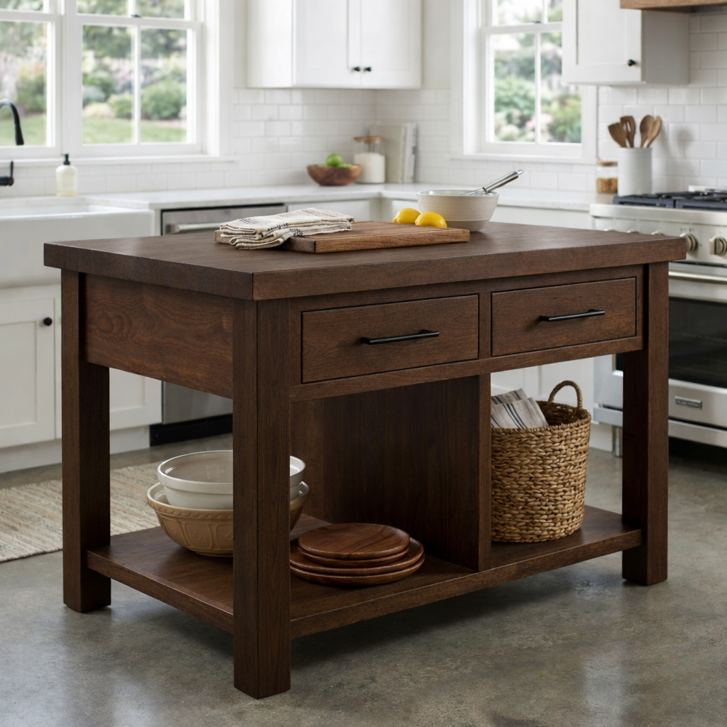 Solid Wood Kitchen Island with 2 Drawers and Open Shelf – Farmhouse Prep Table