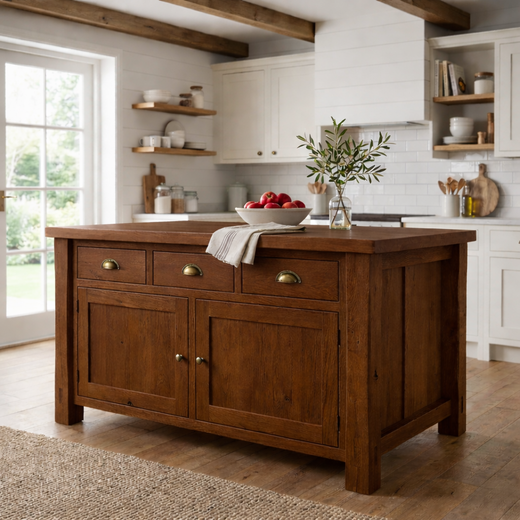 Solid Wood Farmhouse Kitchen Island with 3 Drawers and Double Cabinet Storage