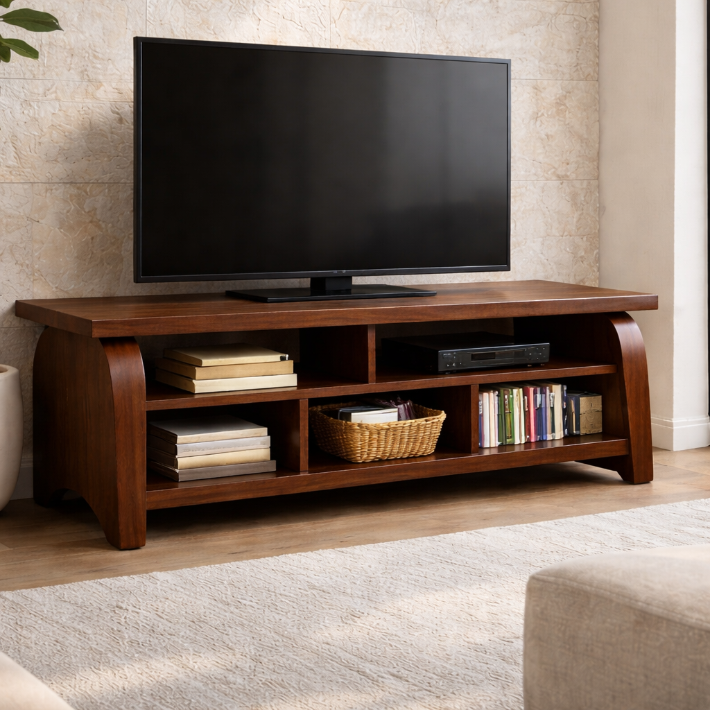 Solid Wood TV Stand with Curved Side Panels – Modern Open Shelf Media Console