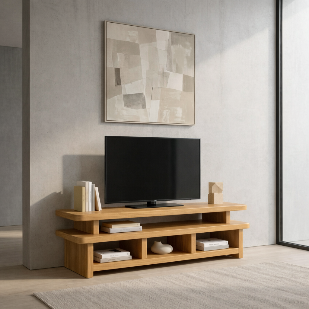 Solid Wood TV Stand with Open Shelves – Modern Low Profile Media Console