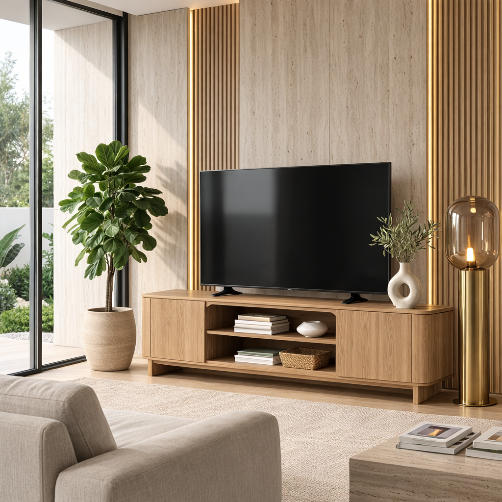 Modern Solid Wood TV Stand with Cabinets and Open Shelf – Low Profile Media Console