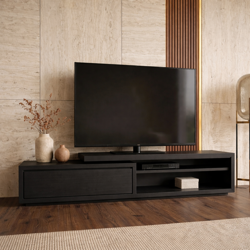 Solid Wood Low Profile TV Stand with Drawer and Open Shelf – Modern Media Console
