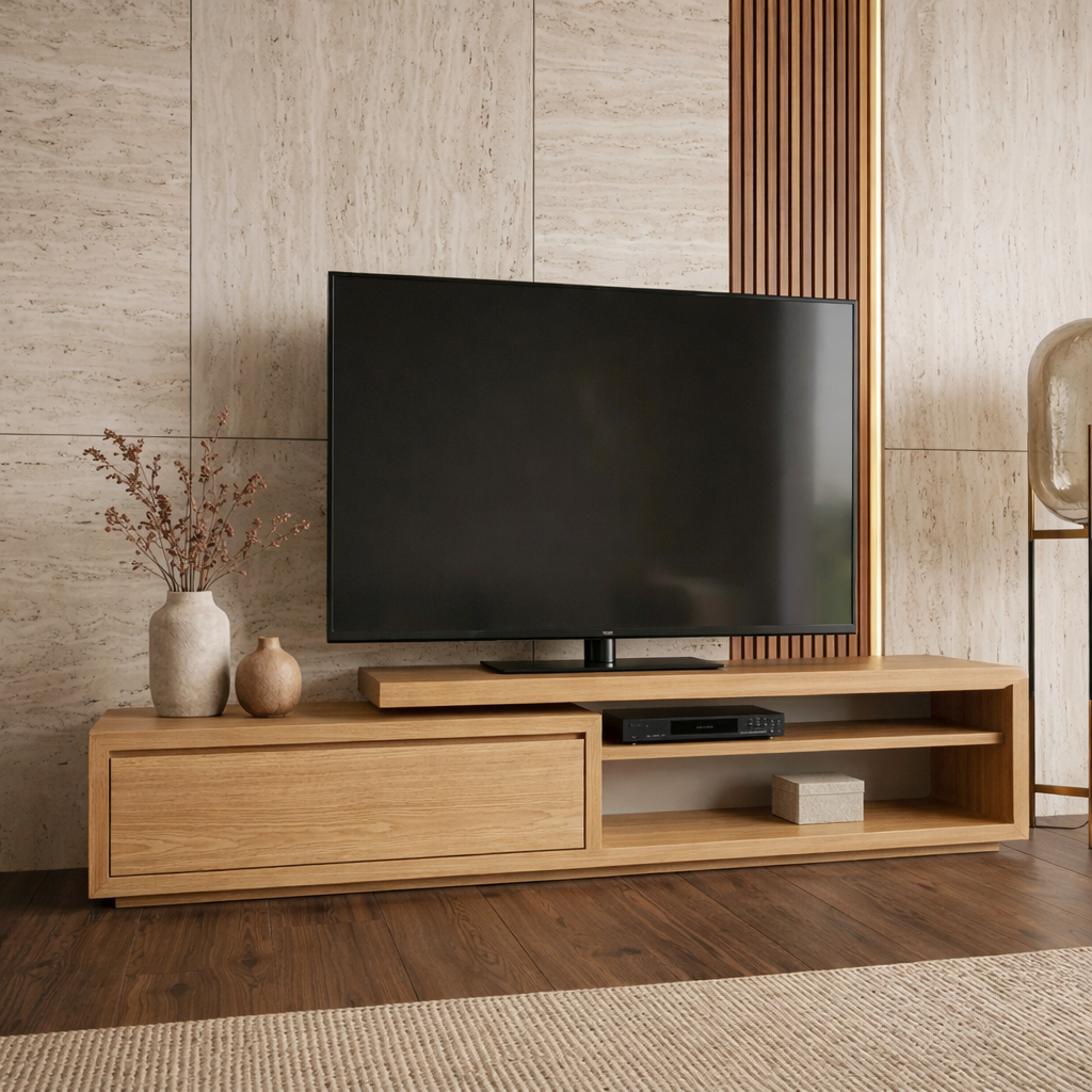 Solid Wood Low Profile TV Stand with Drawer and Open Shelf – Modern Media Console