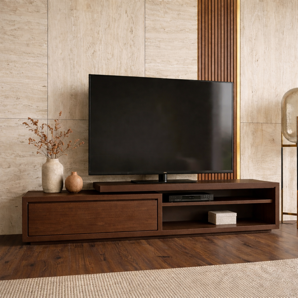Solid Wood Low Profile TV Stand with Drawer and Open Shelf – Modern Media Console