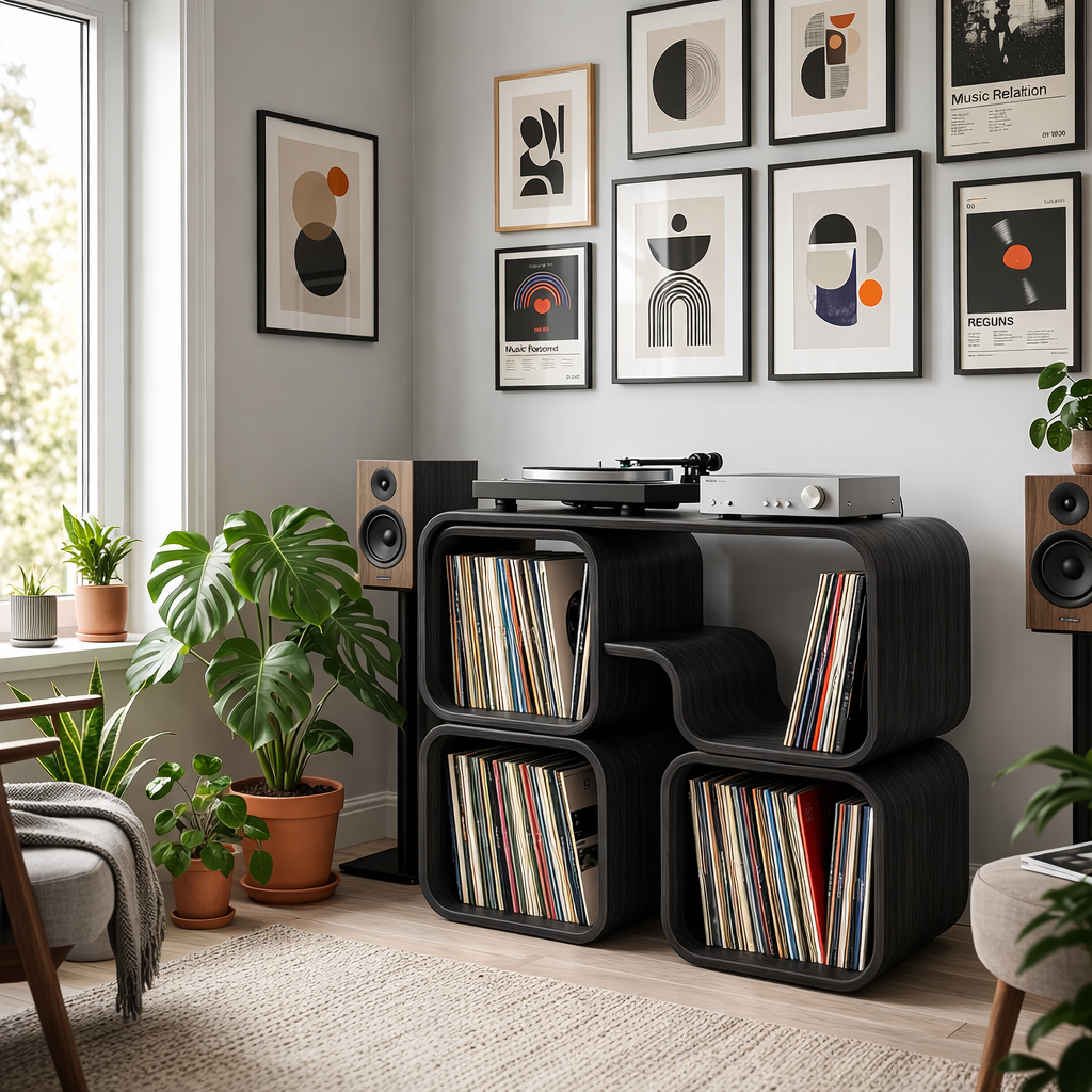 Modular Cube Solid Wood Record Player Stand with Vinyl LP Storage Compartments