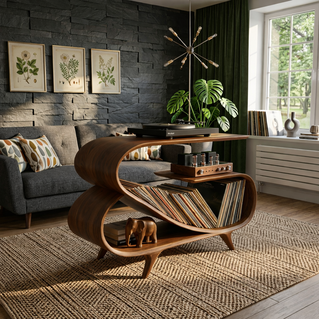 Wave Curve Solid Wood Record Player Stand with Vinyl Storage Shelf