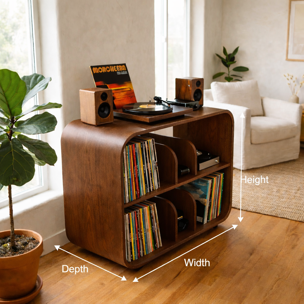 Curved Solid Wood Record Player Stand with Vertical Vinyl Storage Cabinet Kitchnce