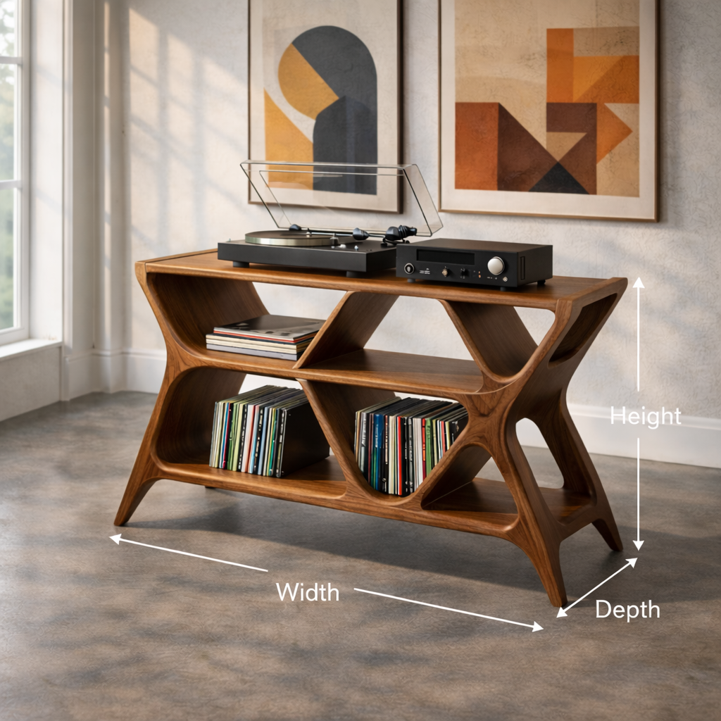 Geometric Solid Wood Record Player Stand with Multi-Shelf Vinyl Storage Kitchnce