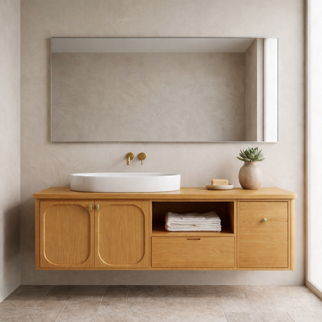 Floating Bathroom Vanity with Arched Cabinet Doors Drawer and Open Shelf Storage