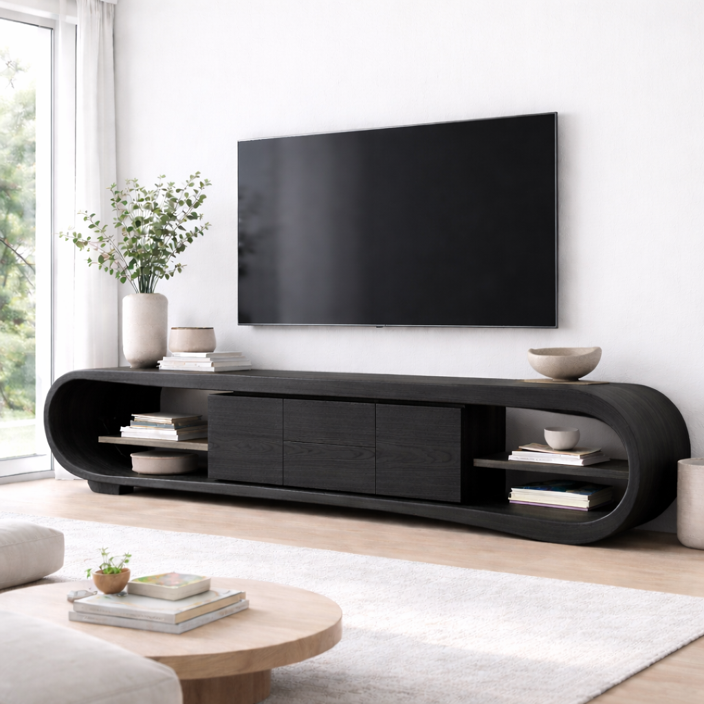 Solid Wood TV Stand with Rounded Frame Ends, Open Shelves and Center Cabinet Storage