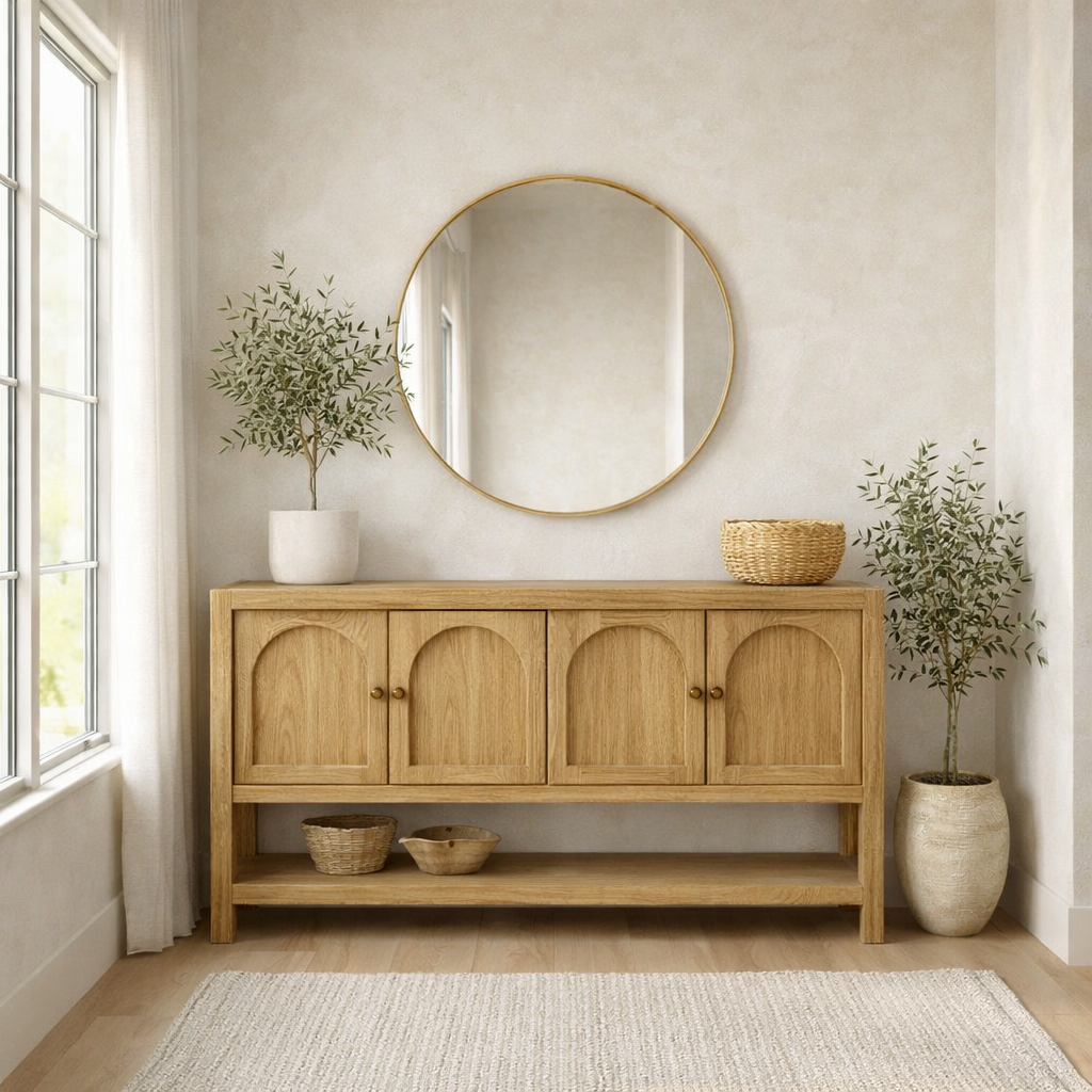 Solid Wood Console Table with Arched Doors – Rustic Storage Sideboard