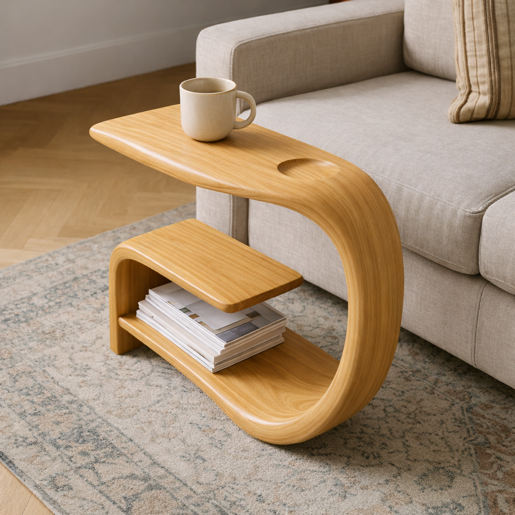 Solid Wood Sofa Armrest Table with Cup Holder and Storage Shelf Side Table
