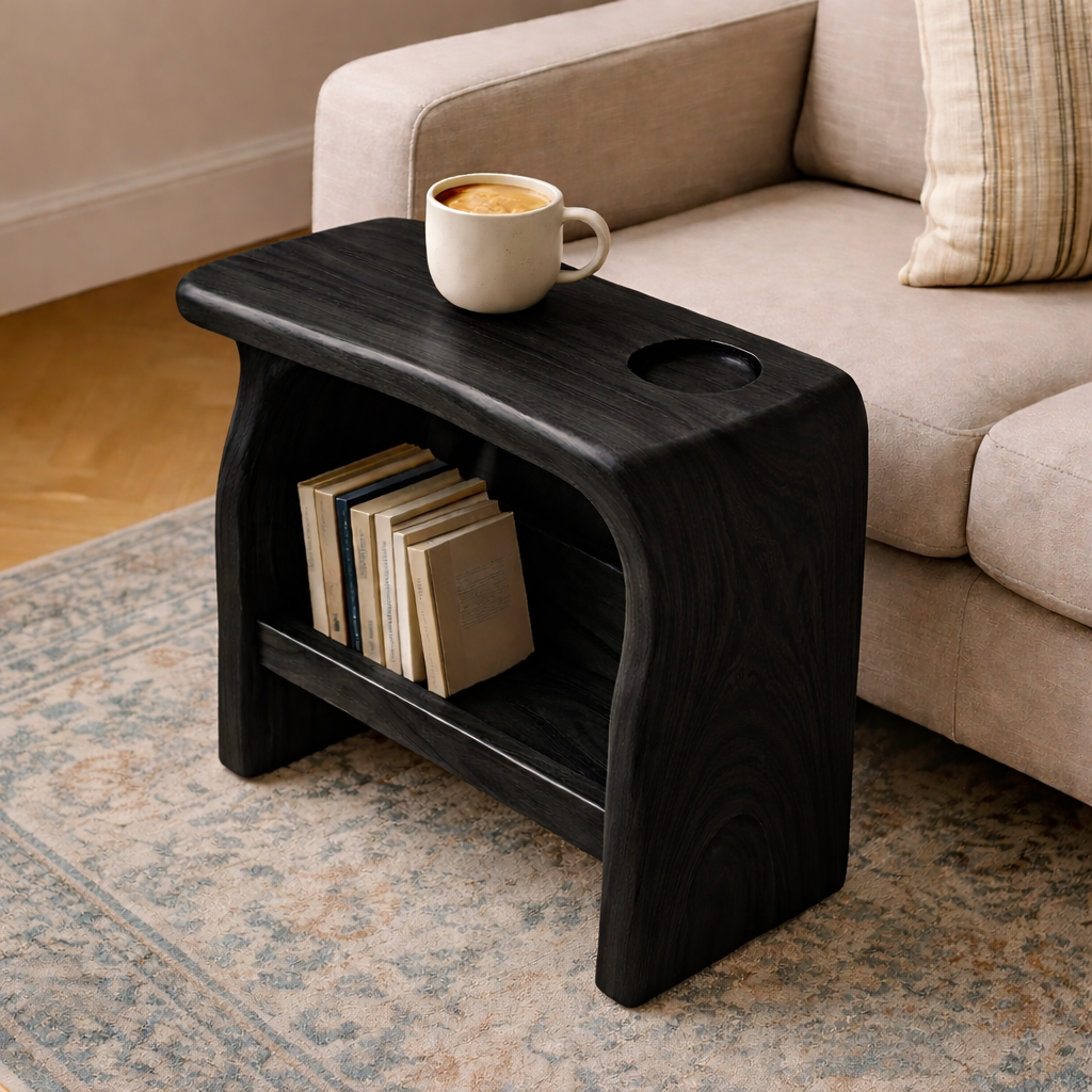 Solid Wood Sofa Armrest Table with Cup Holder and Book Storage Side Table