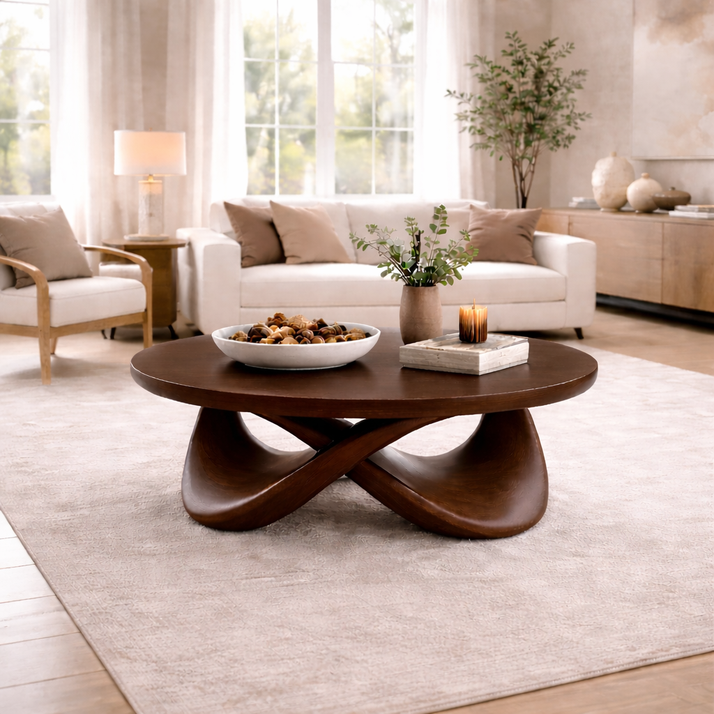 Round Solid Wood Coffee Table with Sculptural Base – Modern Designer Living Room Table